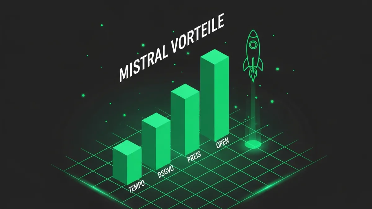 Aufsteigendes Säulendiagramm der vier Mistral Vorteile Tempo DSGVO Preis Open Source