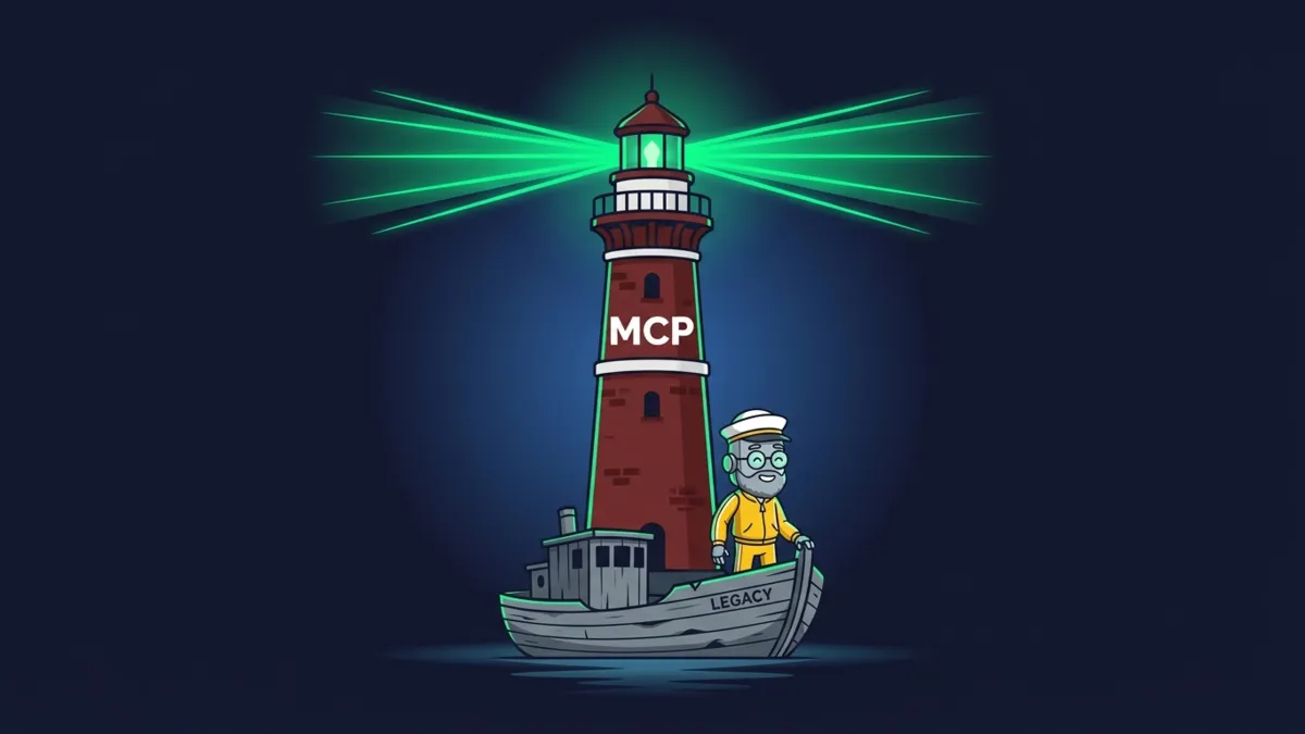 Grüner MCP Leuchtturm weist dem Legacy Schiff mit Roboter Matrose den Weg