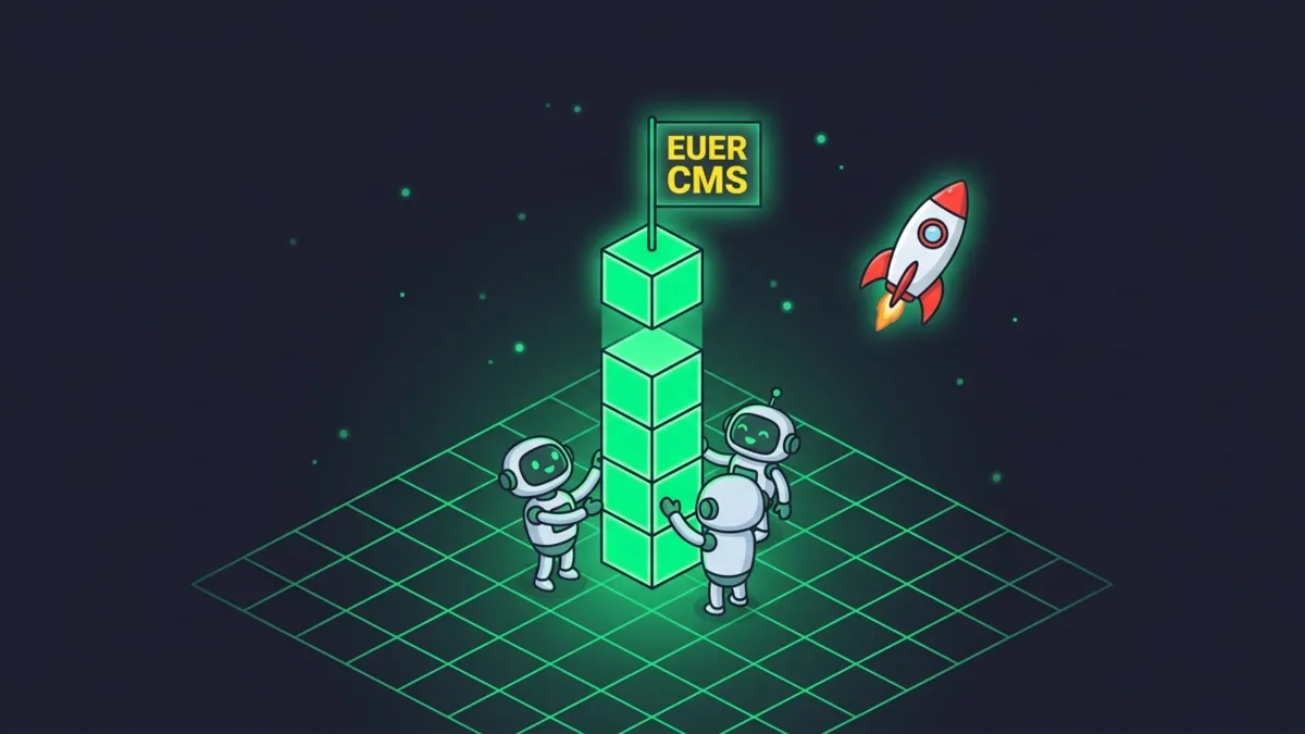 Grüner Turm, Roboter Team setzt letzten Block, Flagge euer CMS, Rakete