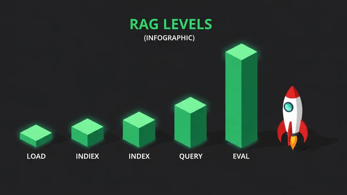 Bar Chart Infografik vier grüne Balken RAG Levels LOAD INDEX QUERY EVAL