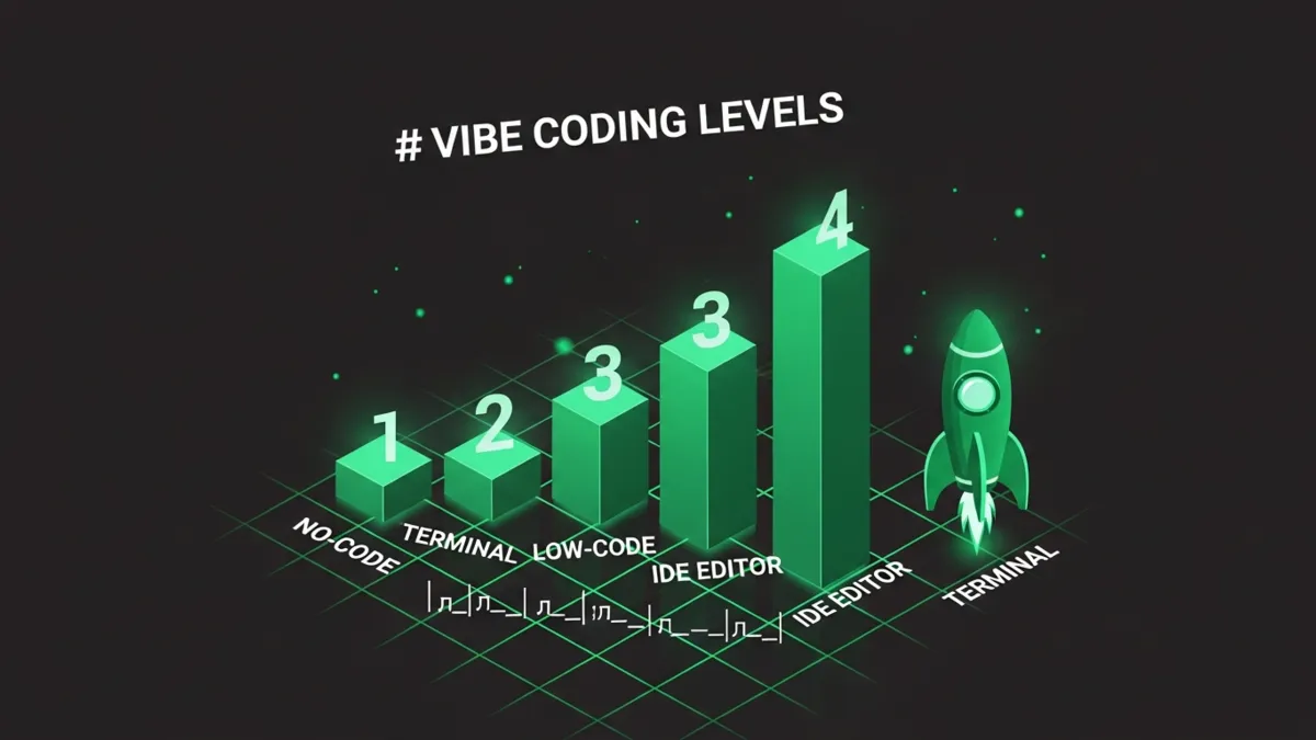 Grüne Bar Chart Infografik vier aufsteigende Balken Vibe Coding Levels