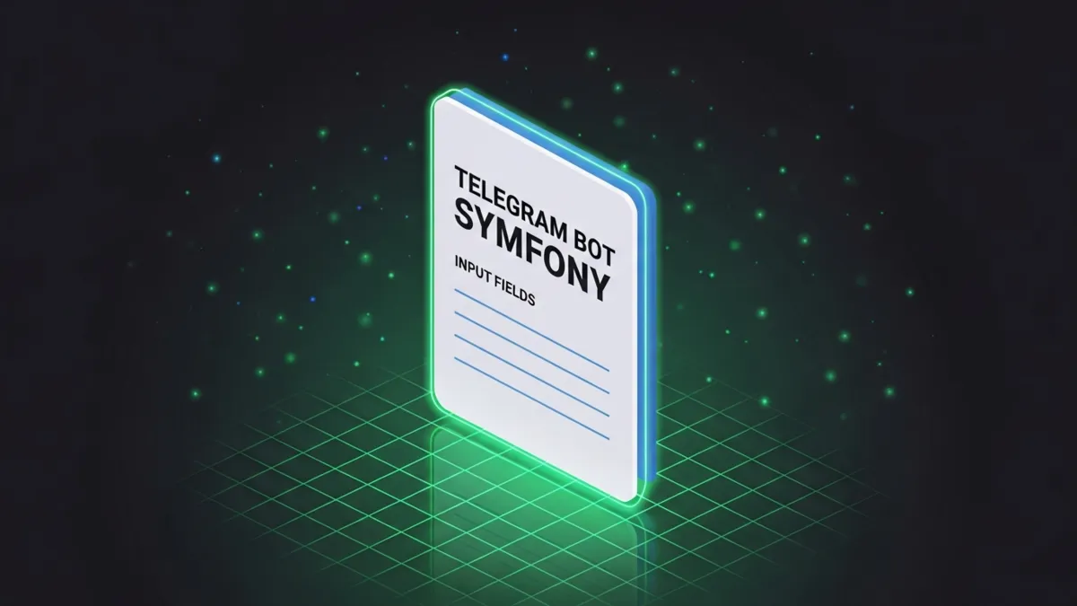 Dunkles PHP Formular mit Schriftzug Telegram Bot Symfony und Paper Plane