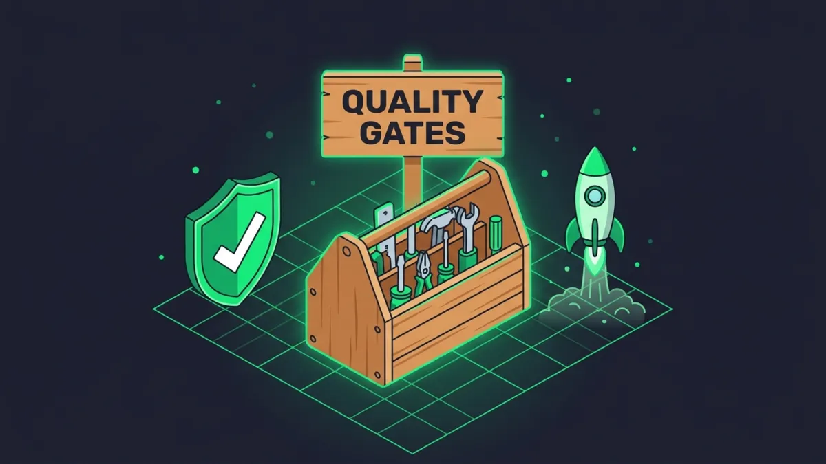 Werkzeugkasten mit Schild Quality Gates und grünem Prüfsiegel
