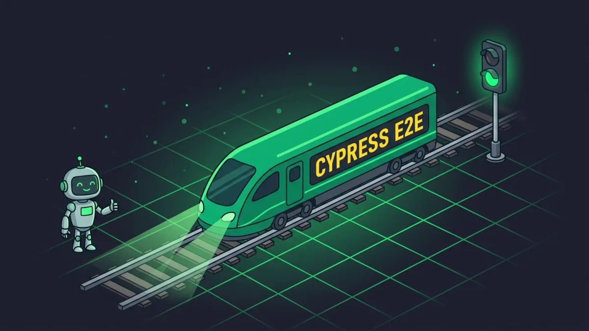 Grüner Prüfzug Cypress E2E scannt die Strecke, Signal springt auf Grün