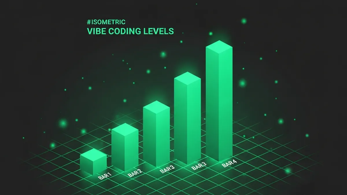 Bar Chart Infografik vier aufsteigende grüne Balken zeigt Vibe Coding Levels 1 bis 4