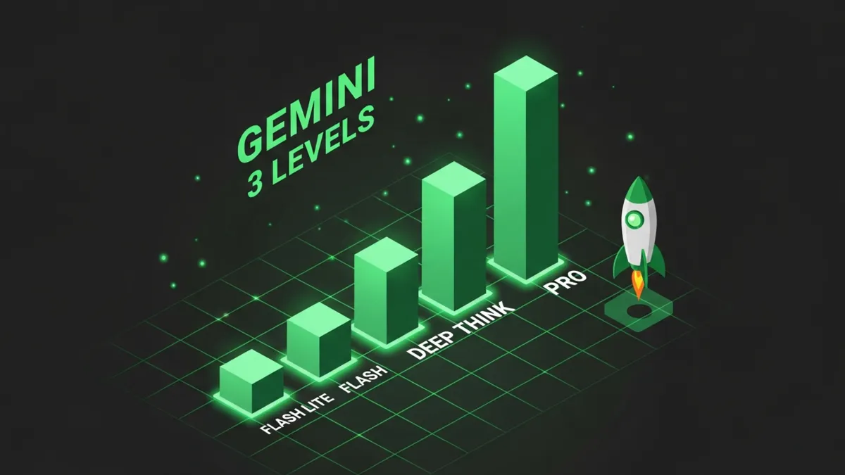 Grüne Balken Infografik vier aufsteigende Säulen Flash Lite Flash Deep Think Pro für Gemini 3 Levels