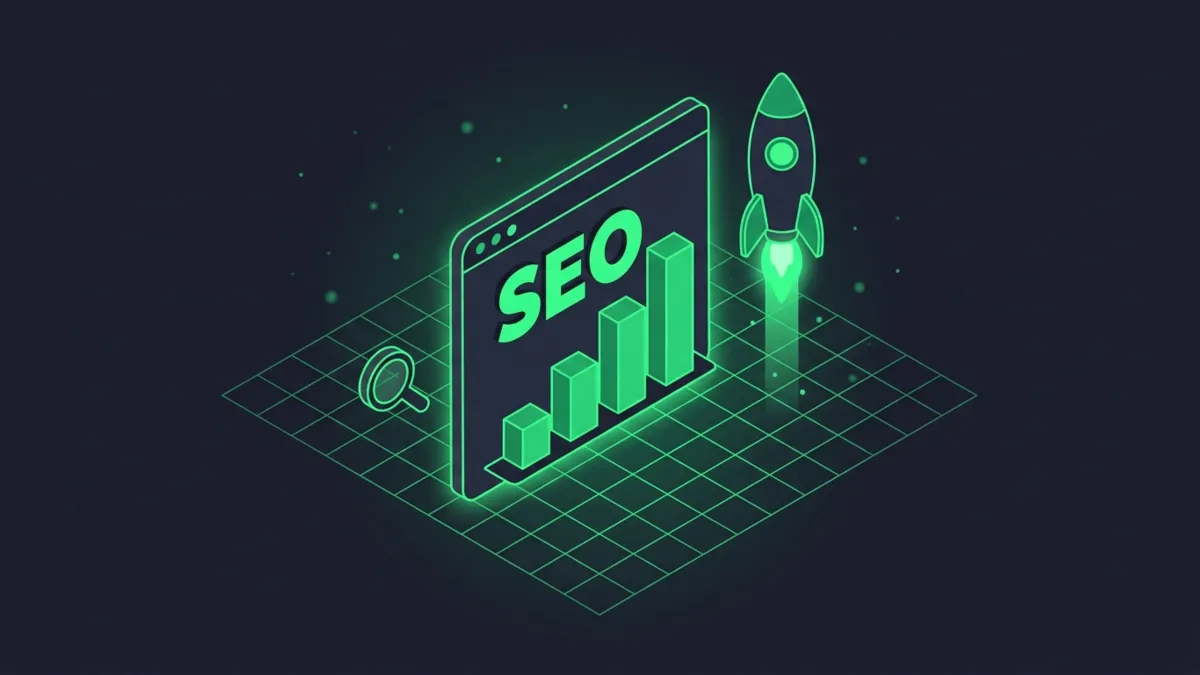 Grüne Infografik mit Schriftzug SEO, aufsteigende Balken, Lupe und Rakete