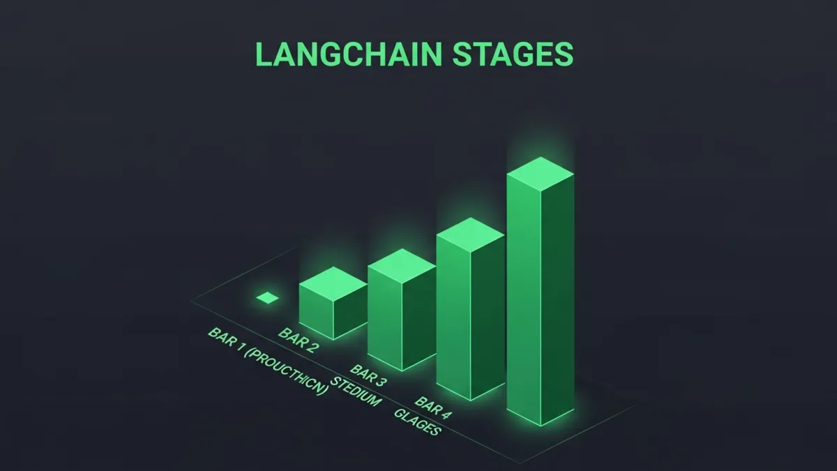 Bar Chart Infografik LangChain Stages PROMPT CHAIN AGENT DEPLOY mit Rakete