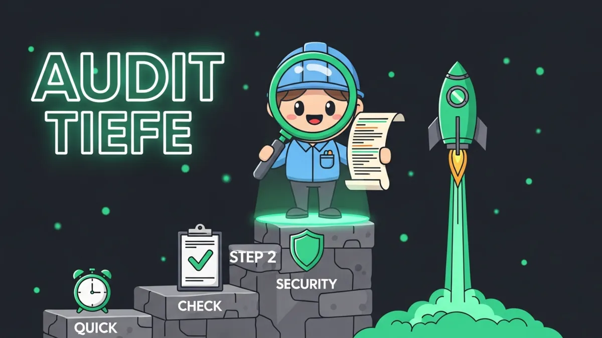 Cartoon Engineer mit Lupe steigt vier Stufen der Codebase Audit Tiefen empor von Quick Scan bis Deep Audit