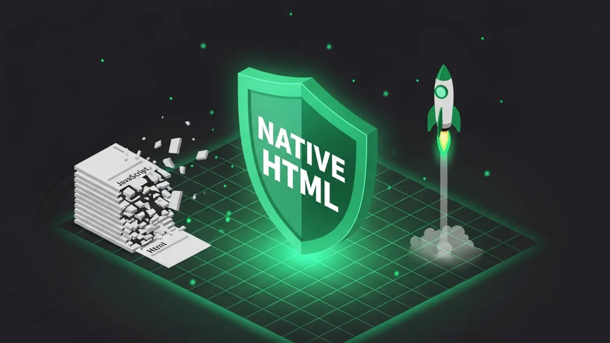 Grünes Schild mit Schriftzug Native HTML neben zerfallendem JavaScript Stapel