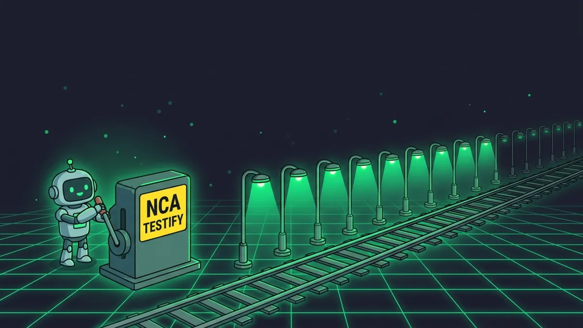 Grüne Lampenreihe leuchtet auf, Roboter zieht Hebel NCA TESTIFY