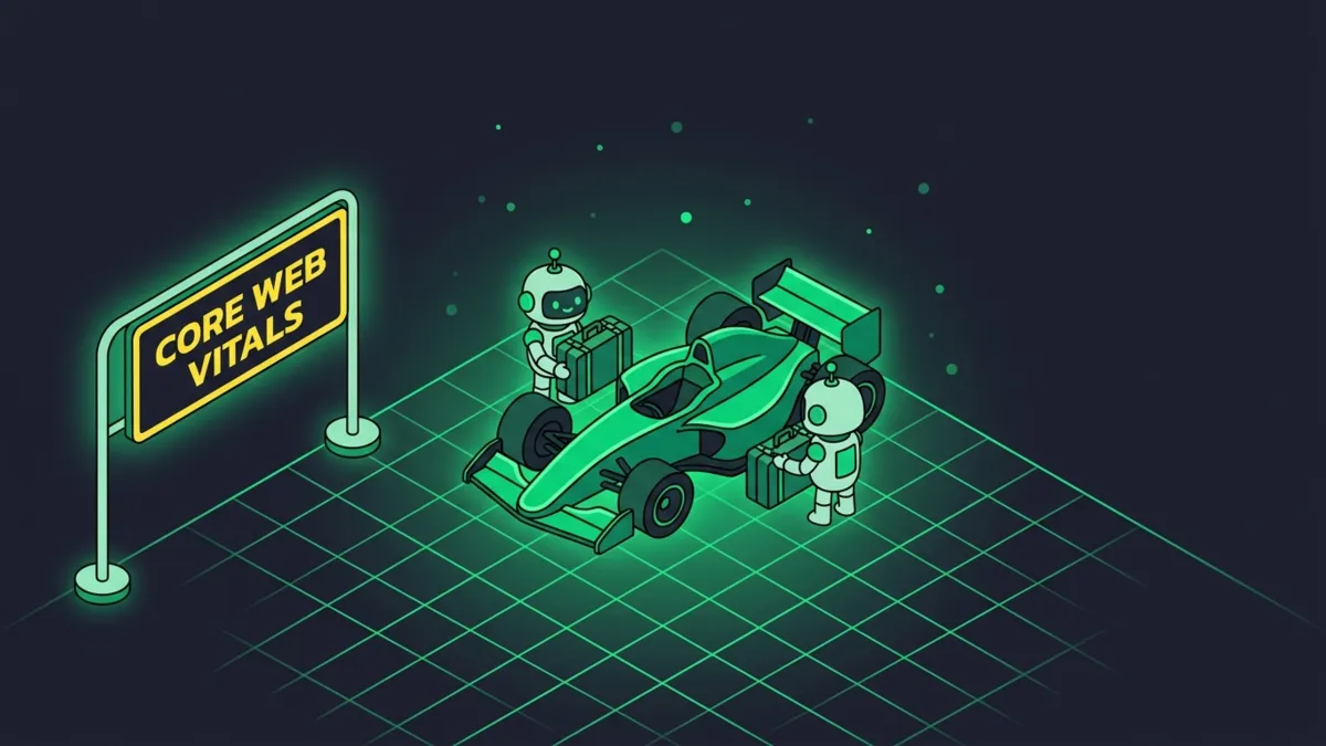 Grüner Rennwagen beim Boxenstopp, Roboter entladen Koffer, Core Web Vitals