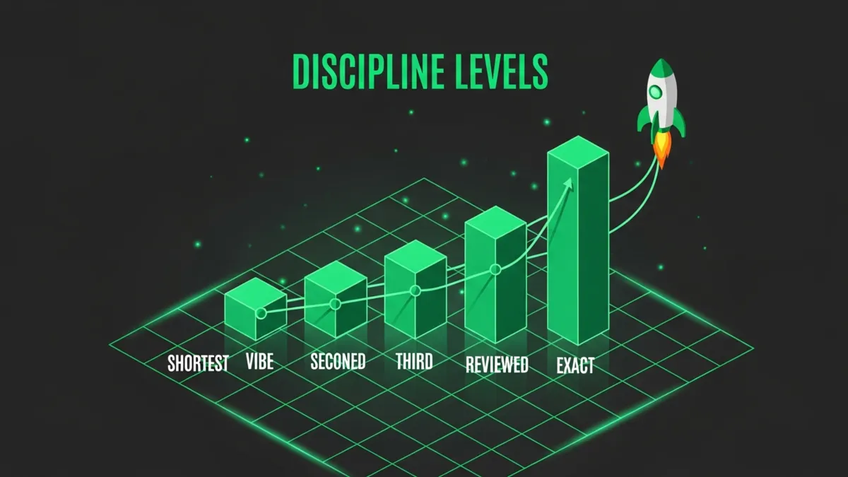 Bar Chart Infografik vier aufsteigende grüne Balken zeigt Exact Coding Discipline Levels 2026