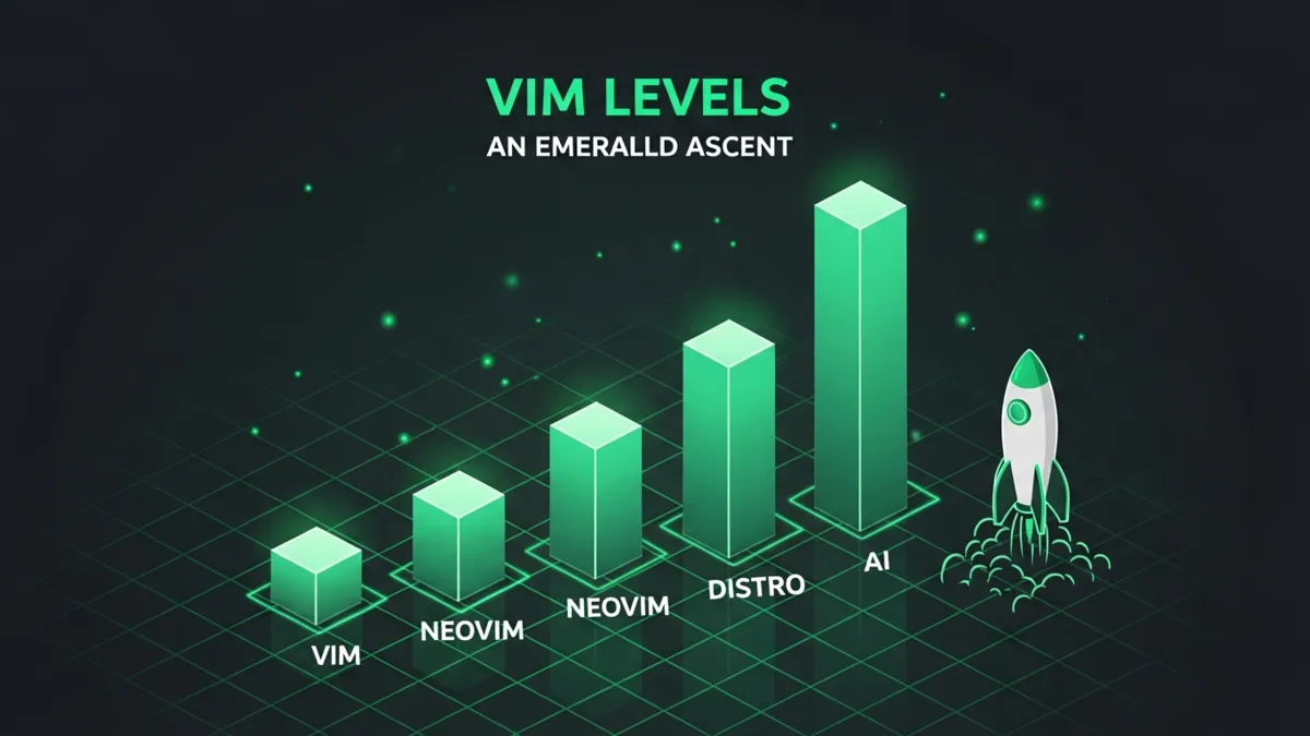 Aufsteigendes Säulendiagramm der vier Neovim Levels Vim, Neovim, Distro, AI. Inhalt steht textuell in der Tabelle darüber.
