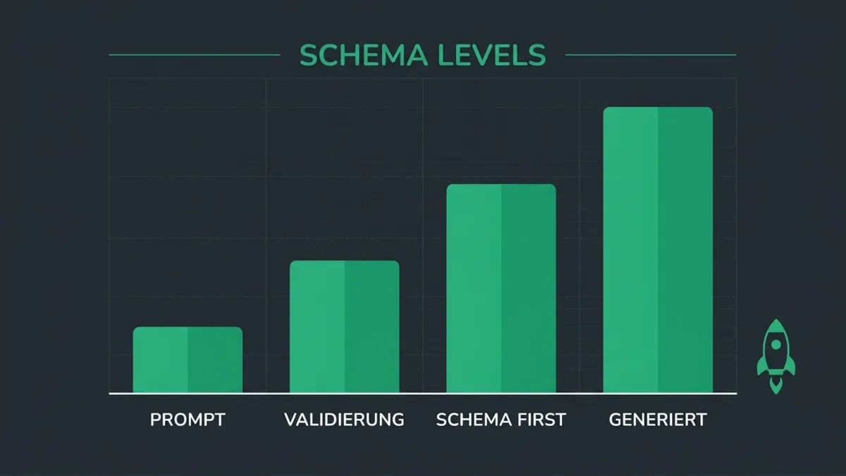 Aufsteigendes Säulendiagramm der vier Schema Reifegrade Prompt, Validierung, Schema First und Generiert. Inhalt steht textuell in der Tabelle darüber.