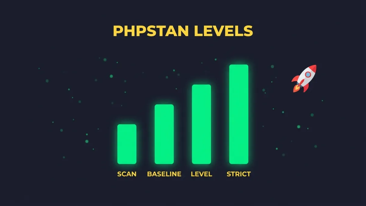Aufsteigendes Säulendiagramm der vier PHPStan Stufen Scan, Baseline, Level und Strict. Inhalt steht textuell in der Tabelle darüber.