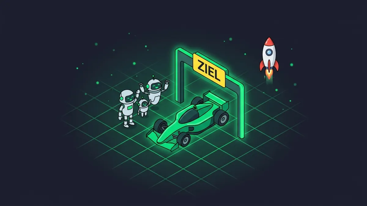 Grüner Rennwagen fährt durchs Ziel, Roboter Team jubelt, Rakete startet
