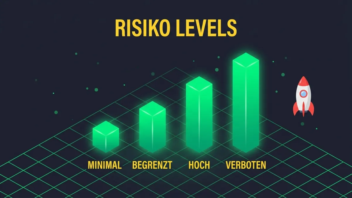 Aufsteigendes Säulendiagramm der vier EU AI Act Risikostufen Minimal, Begrenzt, Hoch und Verboten. Inhalt steht textuell in der Tabelle darüber.