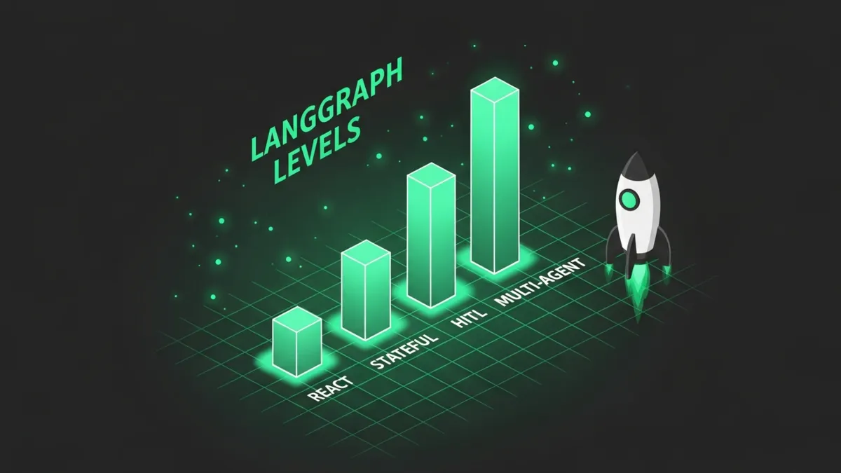 LangGraph Levels Infografik: vier aufsteigende grüne Balken zeigen ReAct, Stateful, HITL und Multi Agent