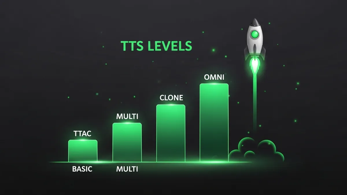 Aufsteigendes Säulendiagramm der vier TTS Stufen BASIC MULTI CLONE OMNI. Inhalt steht textuell in der Tabelle darüber.