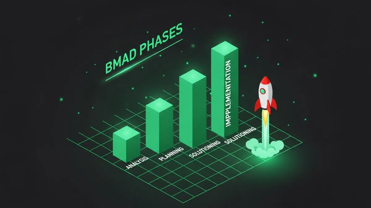 Bar Chart Infografik vier aufsteigende grüne Balken zeigt BMAD Phases Analysis bis Implementation