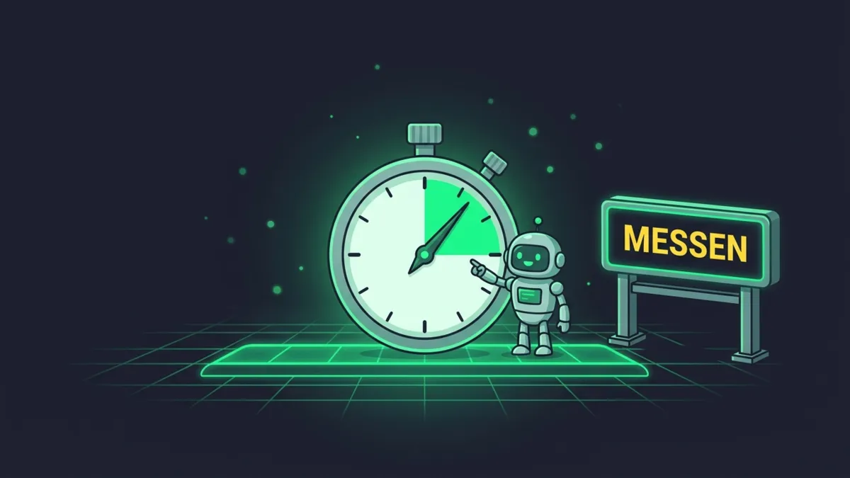 Grüne Stoppuhr auf der Strecke, Roboter zeigt drauf, Schild messen