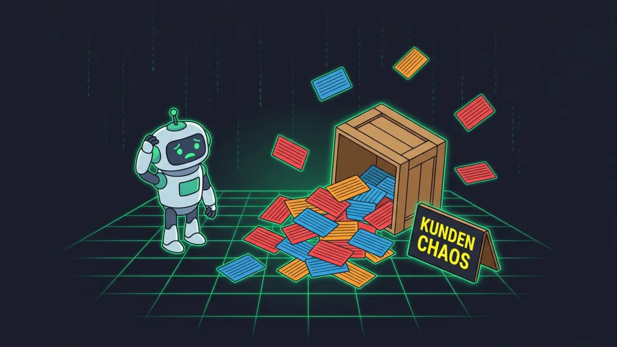 Grüne Kiste umgekippt, Kontaktkarten verstreut, Roboter ratlos, Kunden Chaos