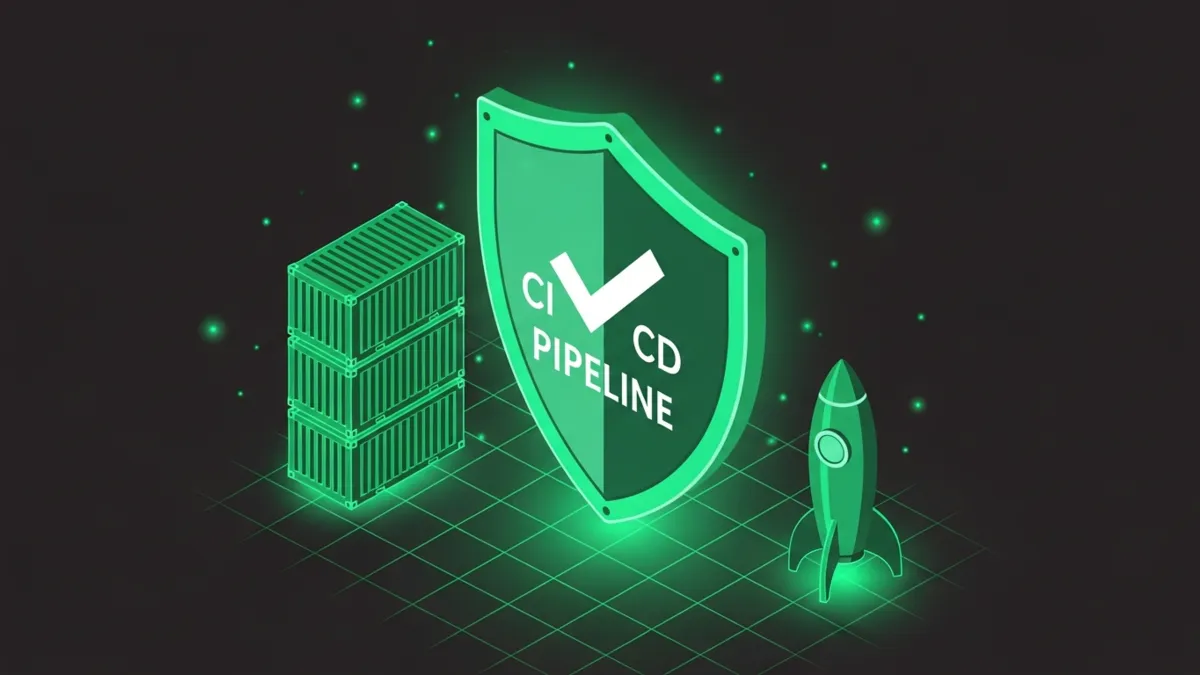 Grünes Schild CI CD Pipeline neben isometrischem Docker Container Stack