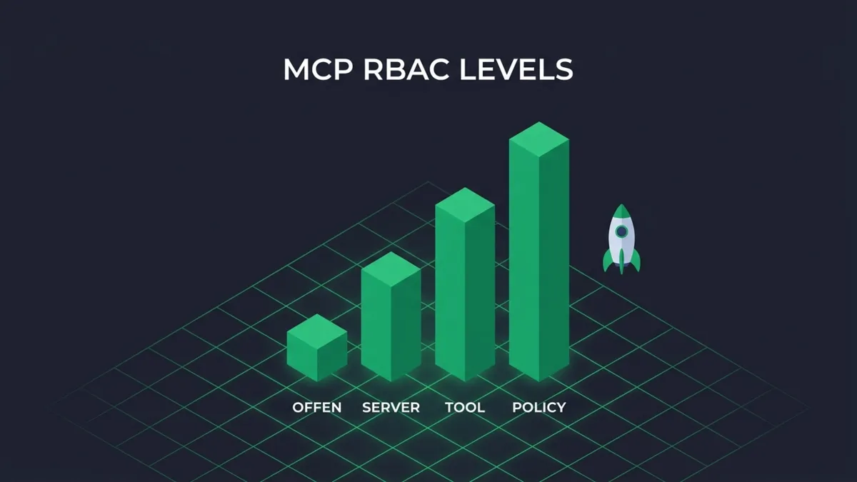 Aufsteigendes Säulendiagramm der vier MCP RBAC Stufen Offen, Server, Tool, Policy. Inhalt steht textuell in der Tabelle darüber.