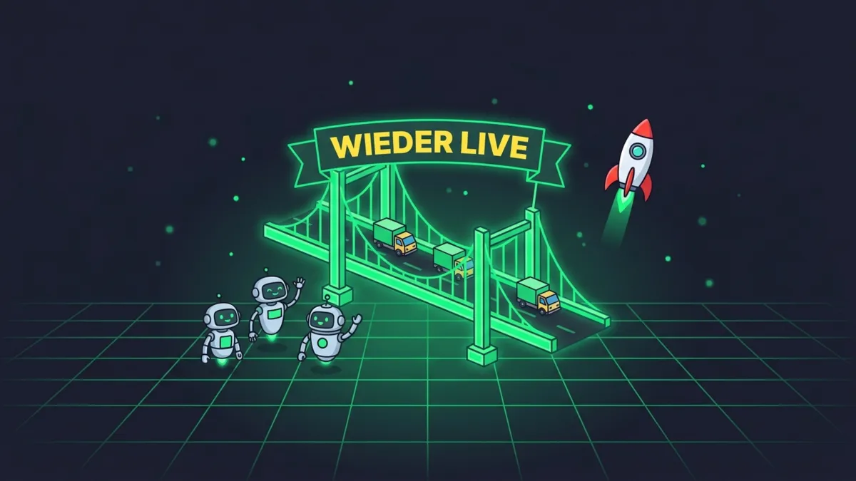 Grüne reparierte Brücke mit Lastwagen, Roboter Team winkt, Banner wieder live