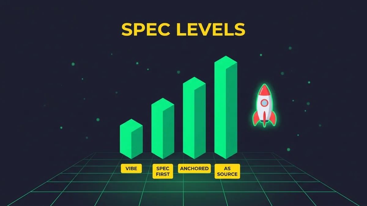 Aufsteigendes Säulendiagramm der vier Spec Driven Development Stufen Vibe Coding, Spec First, Spec Anchored und Spec as Source. Inhalt steht textuell in der Tabelle darüber.