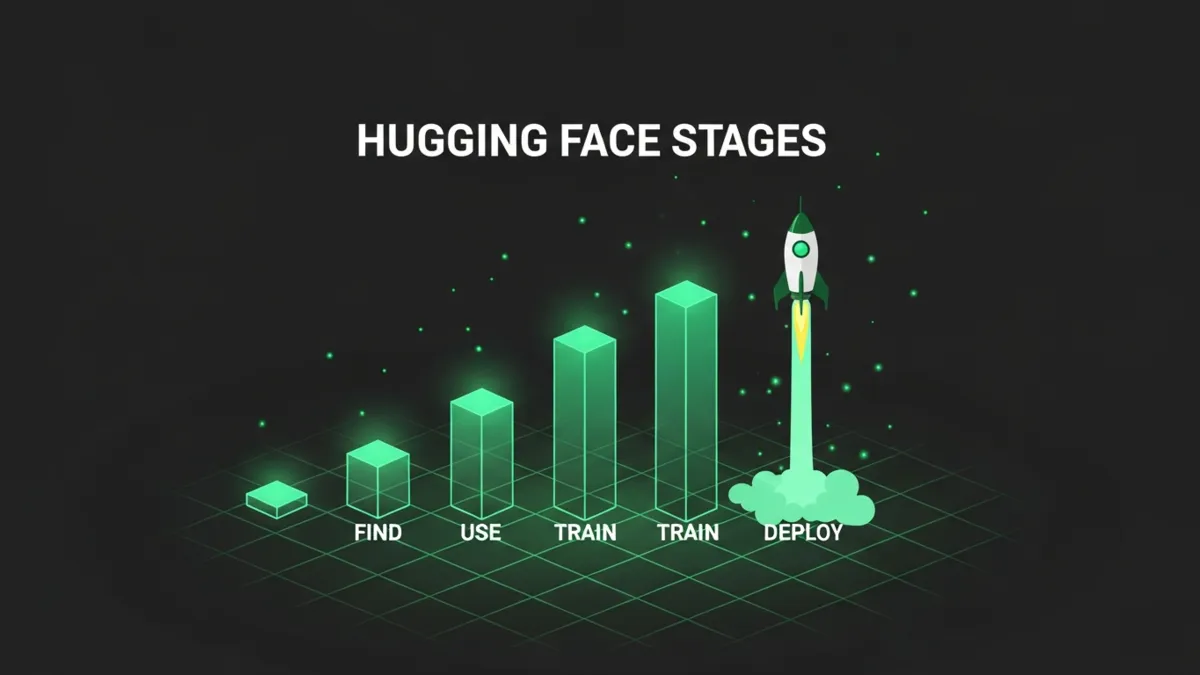 Aufsteigendes Säulendiagramm der vier Hugging Face Stages Find Use Train Deploy
