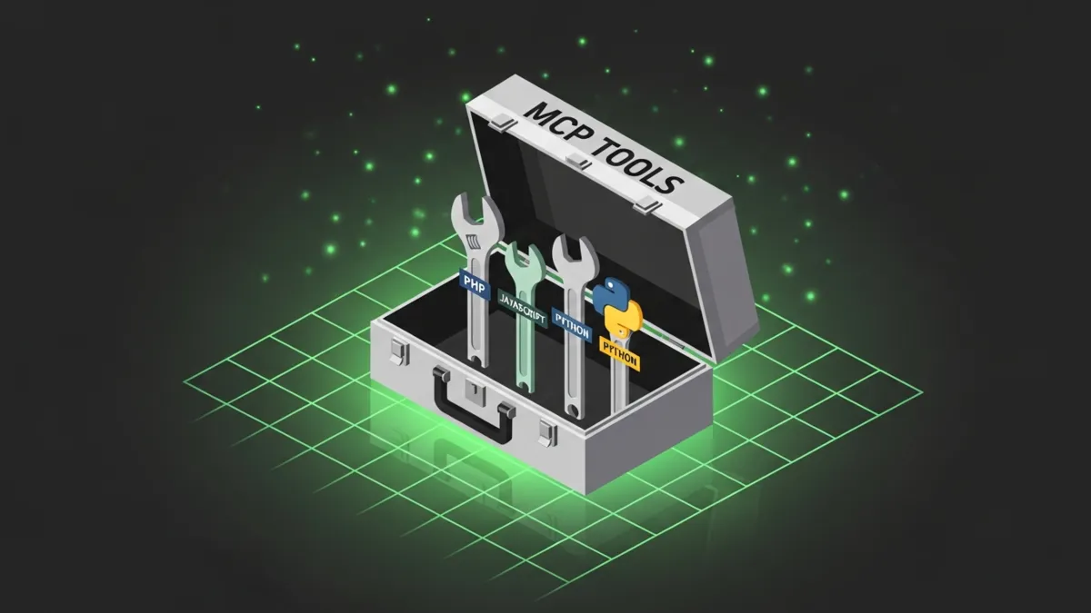 Grüner Werkzeugkasten MCP TOOLS mit Schlüsseln PHP JavaScript Python