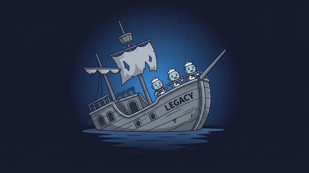 Altes Legacy Schiff kentert, drei ratlose Roboter Matrosen an Deck