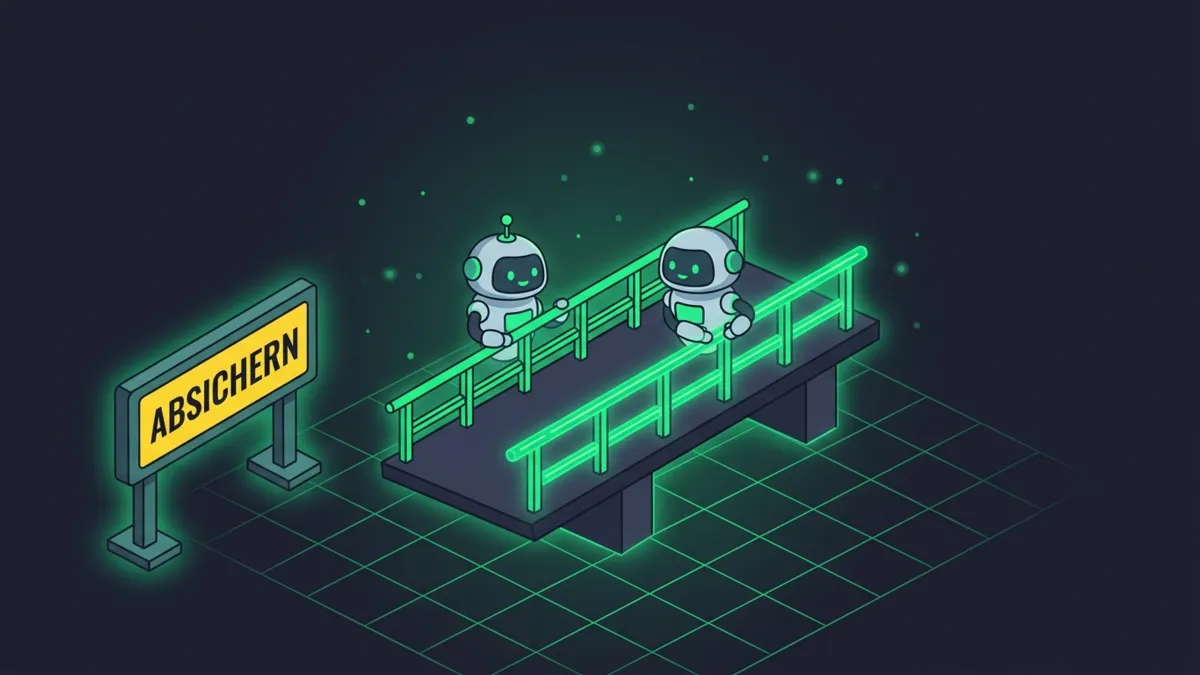 Grüne Leitplanken an der Brücke, zwei Roboter montieren, Schild absichern