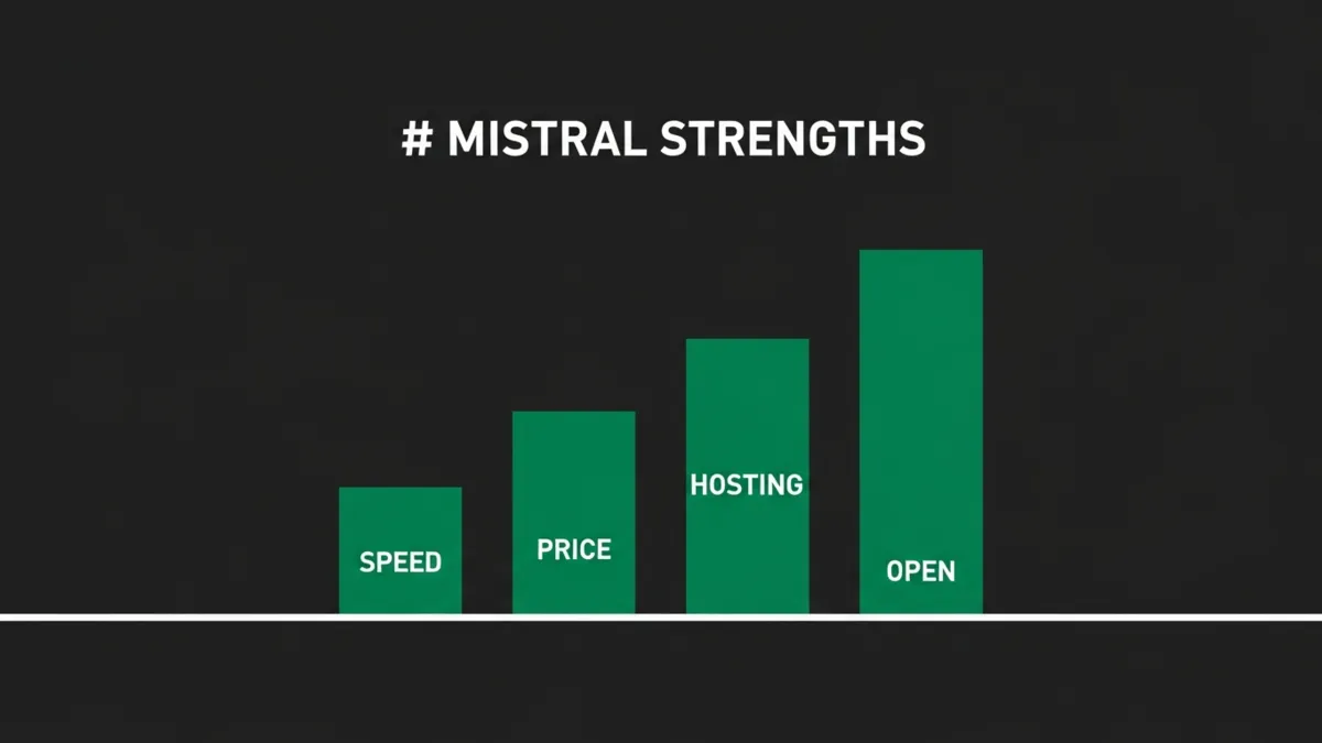 Grüne Balken zeigen aufsteigend Mistral AI Stärken Speed Price Hosting Open