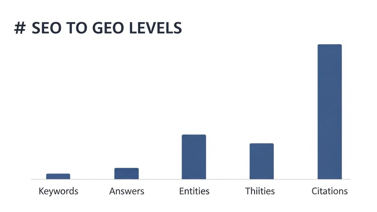 Grüne Balkenchart Infografik mit den vier Stufen Keywords Answers Entities Citations zur Evolution von SEO zu GEO