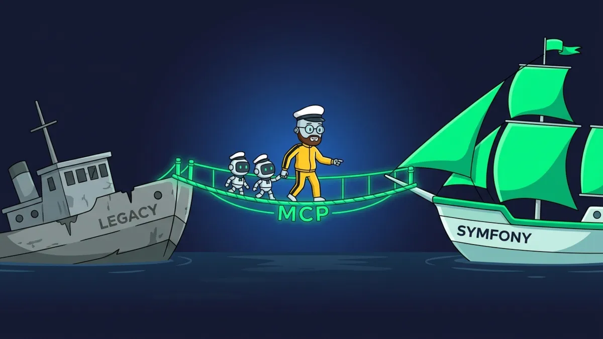 Grüne MCP Brücke führt Roboter Matrosen vom Legacy Schiff zum Symfony Schiff