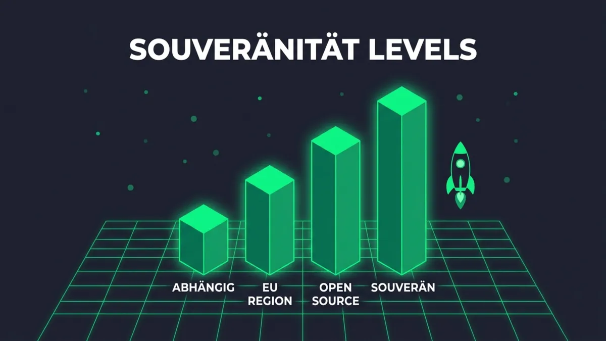 Aufsteigendes Säulendiagramm der vier Souveränitätsstufen Abhängig, EU Region, Open Source und Souverän. Inhalt steht textuell in der Tabelle darüber.