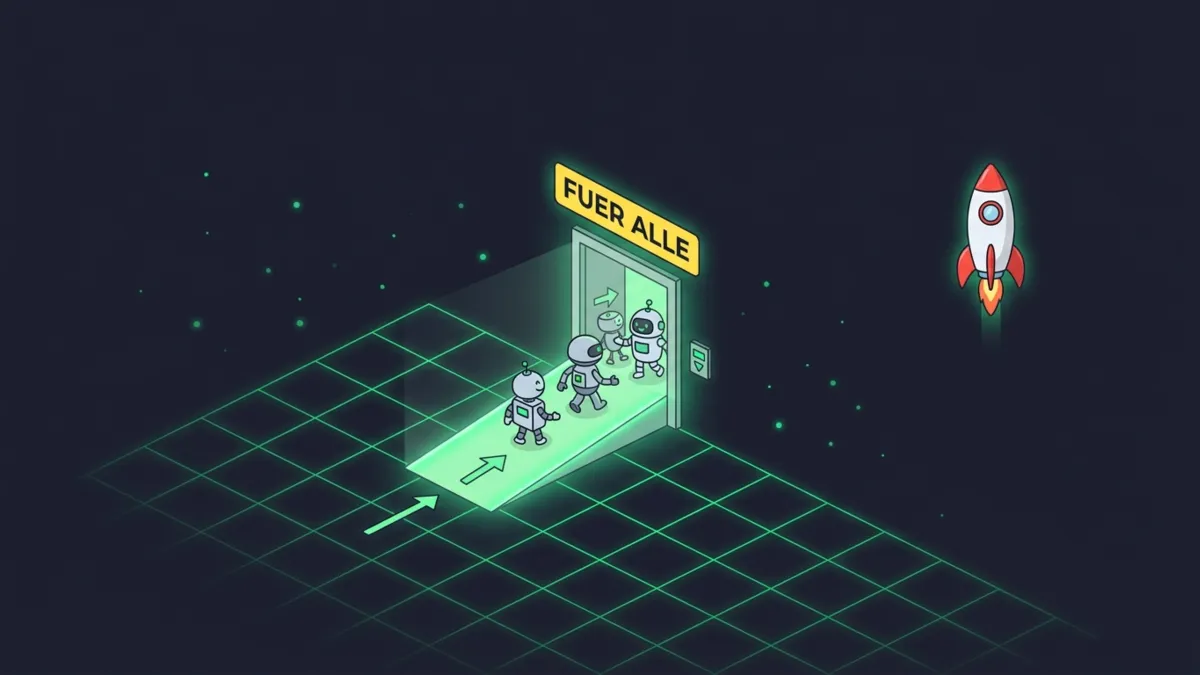 Grüne Rampe am Eingang, viele Roboter gehen hinein, Schild für alle