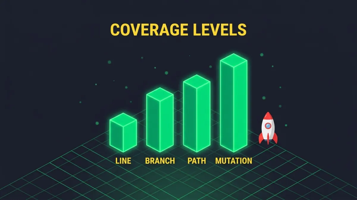 Aufsteigendes Säulendiagramm der vier Coverage Stufen Line, Branch, Path und Mutation. Inhalt steht textuell in der Tabelle darüber.