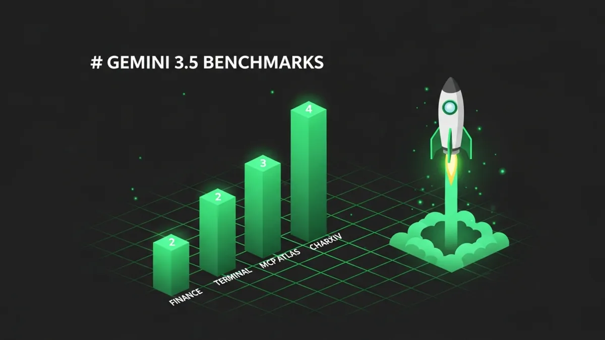 Aufsteigendes Säulendiagramm der vier Benchmarks Finance, Terminal, MCP Atlas und CharXiv. Inhalt steht textuell in der Tabelle darüber.