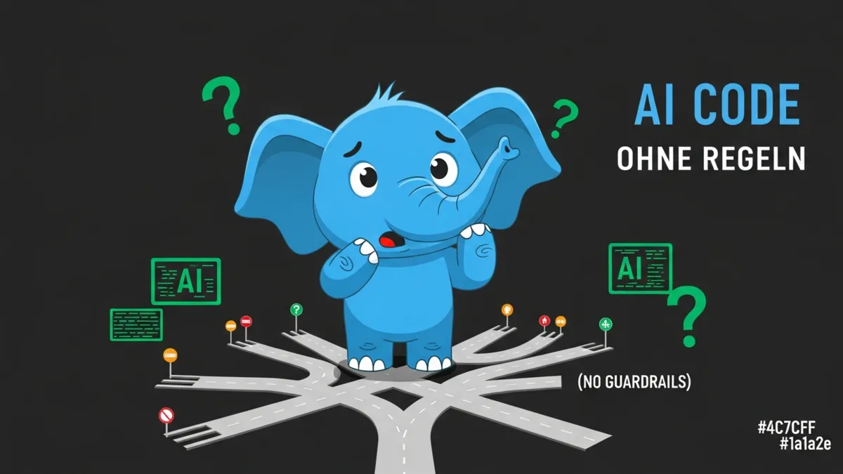 Blauer Cartoon Elefant ratlos an Straßengabelung ohne Leitplanken