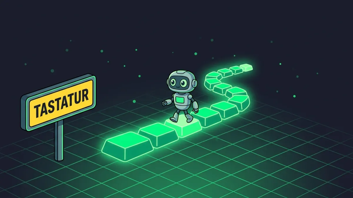 Grüner Pfad aus Tastaturtasten, Roboter läuft der Reihe nach, Tastatur