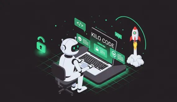 Dunkles Bild KI Agent tippt am KILO CODE Editor mit Rakete und Open Source Schloss