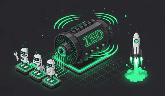 Dunkler Motorblock mit grünem ZED Schriftzug, drei Roboter Agenten, Rakete
