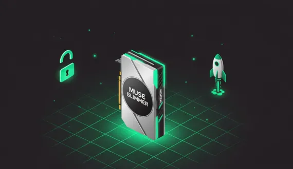 Grüne Grafikkarte mit Schriftzug Muse Glimmer und offenem Schloss