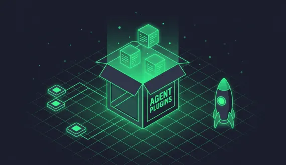 Grüne isometrische Versandkiste mit Aufschrift Agent Plugins verteilt Pakete an Clients
