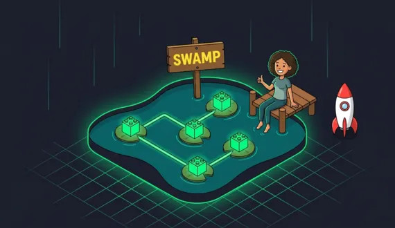 Grüne Bausteine auf Seerosen im Teich mit Swamp Schild