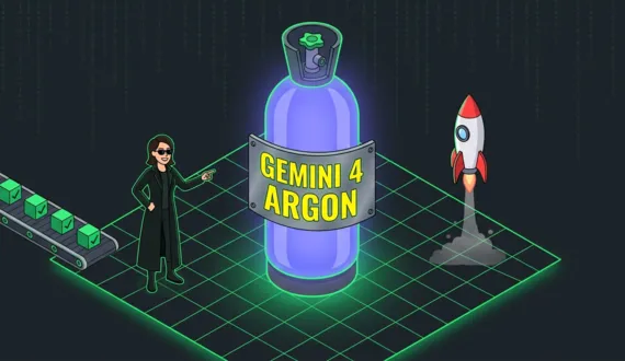 Leuchtender Argon Gaszylinder mit gelbem Schild Gemini 4 Argon und Rakete
